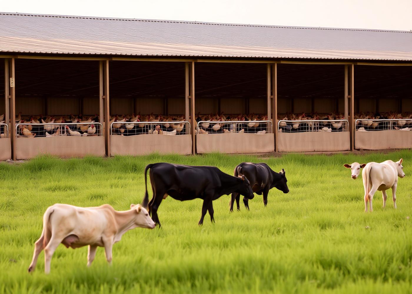 Poultry barns with cattle grazing